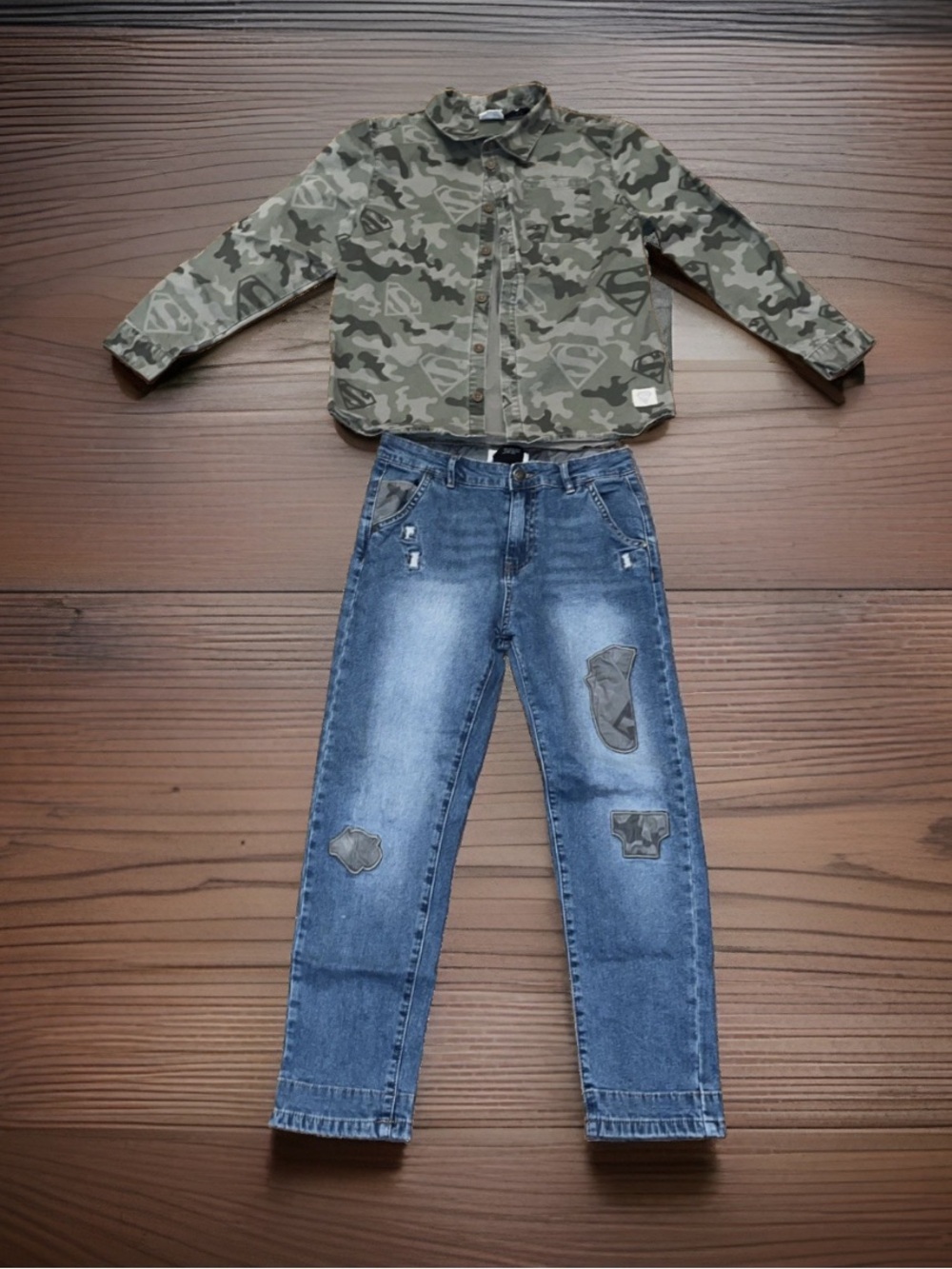 DC Superman Camouflage Button Up Collar Shirt W/Distress Demin Jean 11-12 Outfit